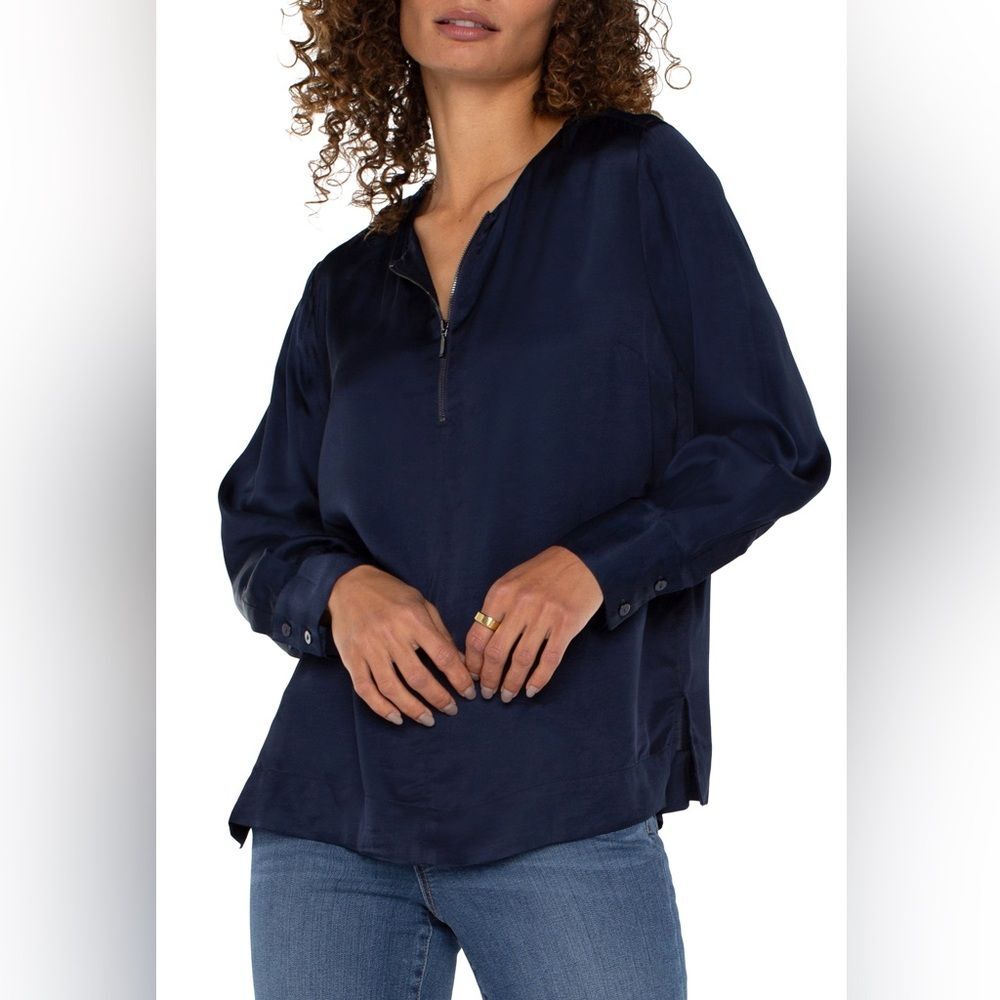 Liverpool | Liverpool front zip Deep Navy Blue Blouse Women’s satin top NWT M